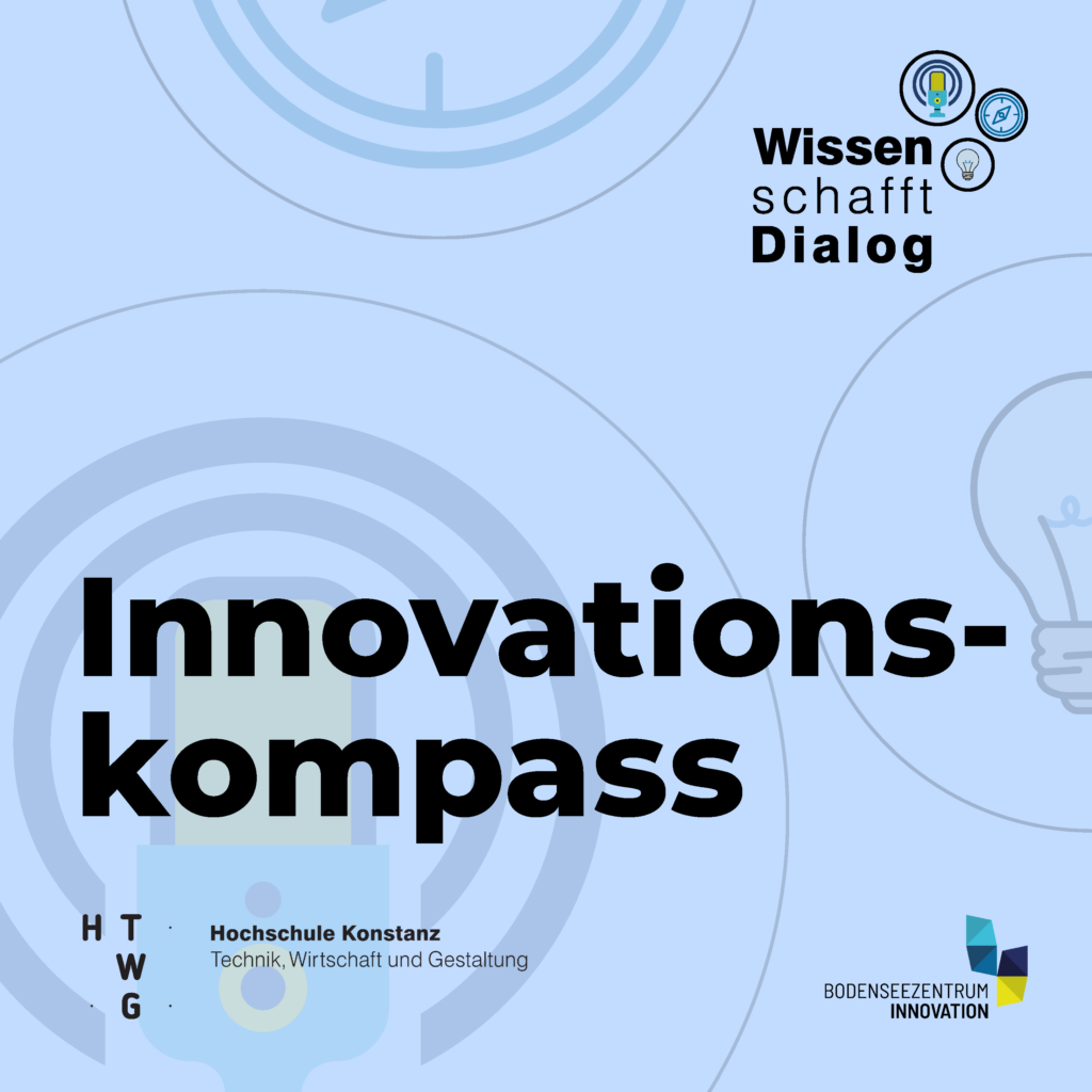 Dekoratives Bild in Blautönen mit Symbolen wie einem Mikrofon und dem Slogan "Innovationskompass".